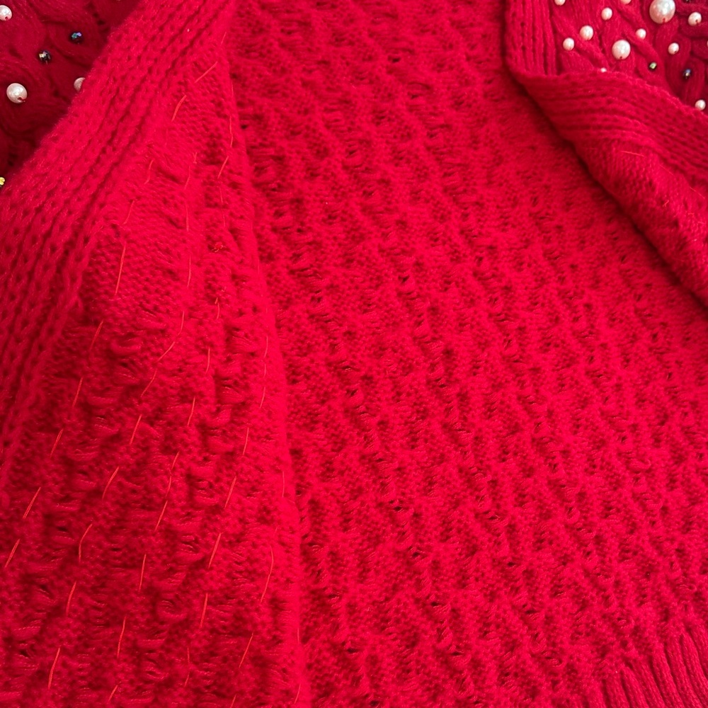 New BiBi Luxury Pearl & Rhinestone Chunky Knit Holiday Cardigan Grannycore Small - Picture 8 of 16